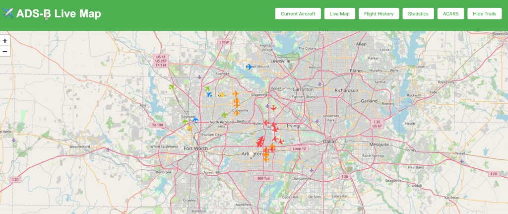 Live map displaying aircraft positions in the Dallas-Fort Worth area with color-coded icons indicating flight statuses.